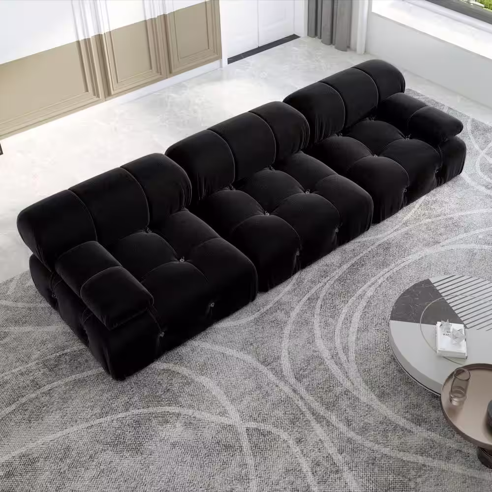 Magic Home 103.95 in. Convertible Modular Minimalist Sofa Free Combination Reversible 3 Seater Velvet Sectional, Black
