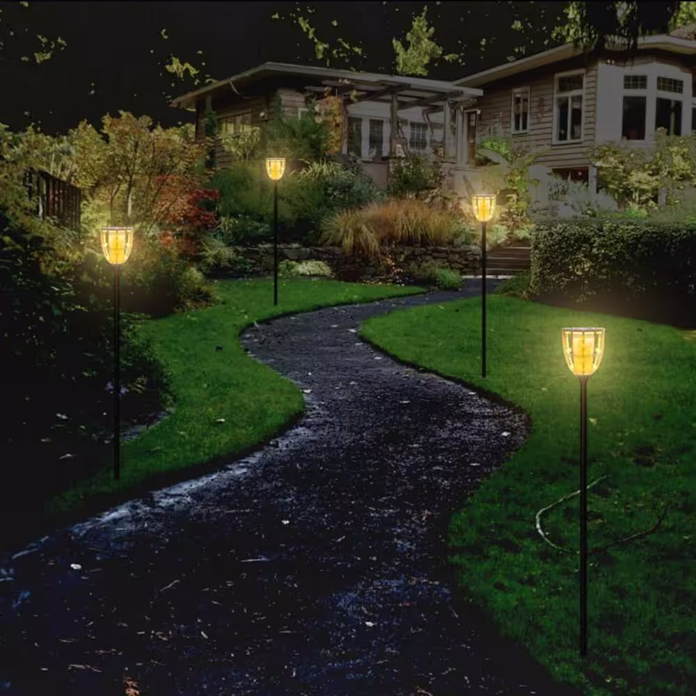 TECHKO Solar Tiki Torch Path Lights Black Solar Flame Effect Integrated LED Weather Resistant IP65 (2-pack)