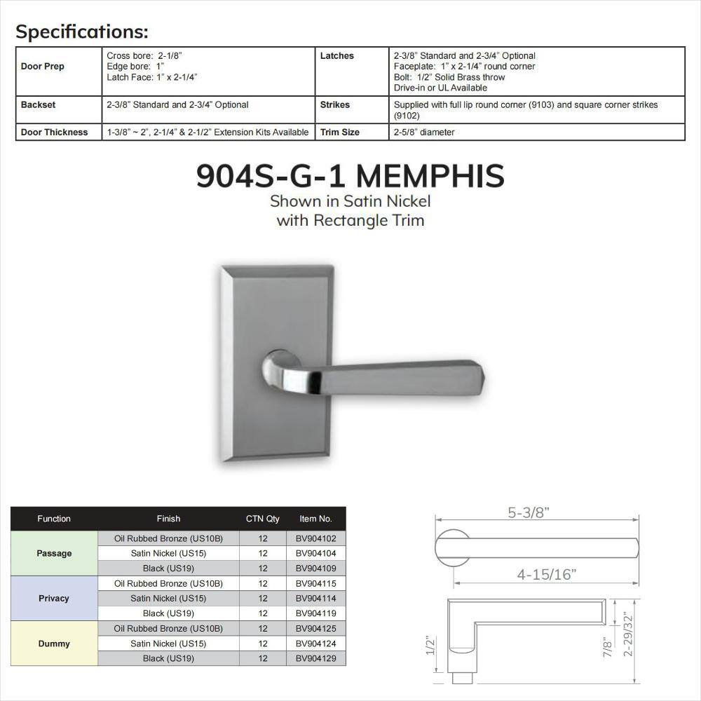 None Bravura 904SG-1 Privacy (Bed/Bath) Door Lever Solid Brass Satin Brass w/ square trim