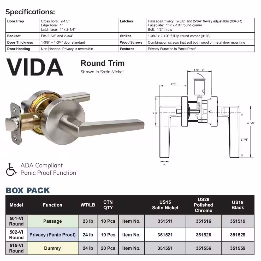 DELANEY HARDWARE Contemporary Collection Vida Satin Nickel Hall/Closet Door Handle