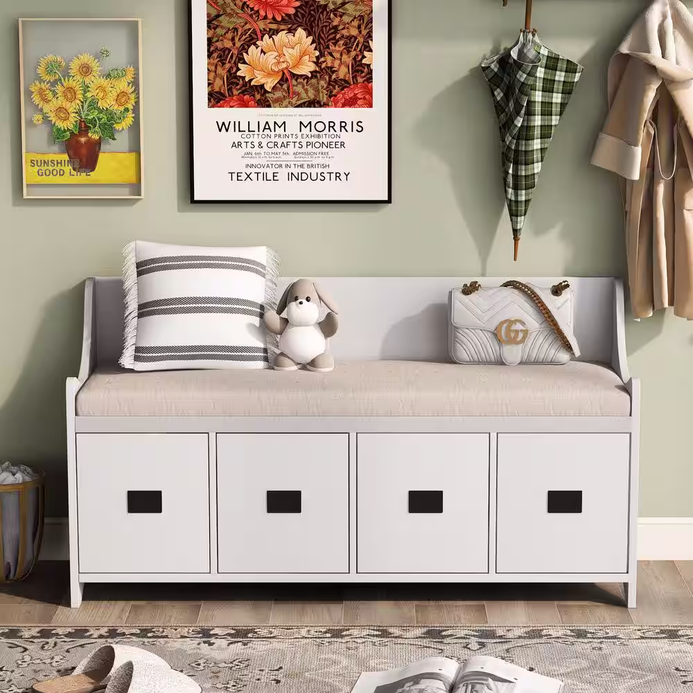 None White Wood Storage Bench with 4 Drawers and Movable Cushion, Entryway Shoe Bench with Backrest (48