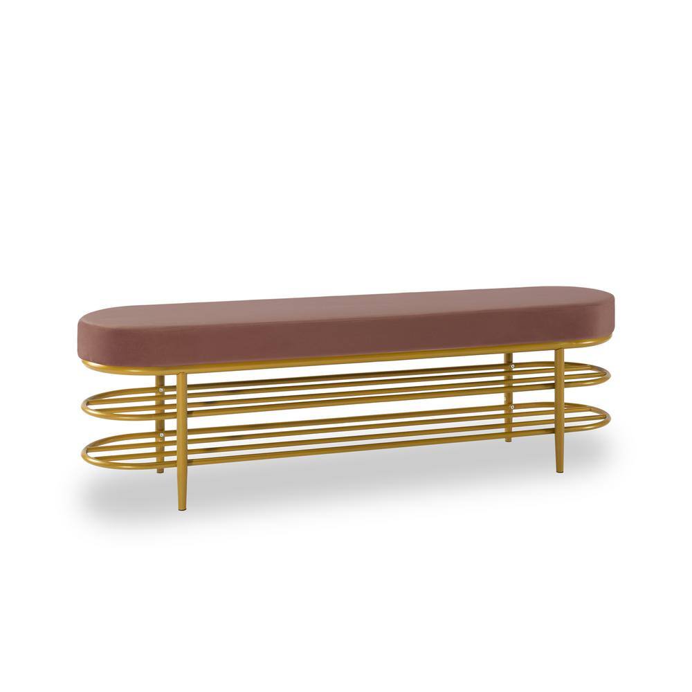 Kahomvis 17.7 in. H x 54.9 in. W Pink Velvet Shoe Storage Bench with 2 Storage Shelves and Metal Frame