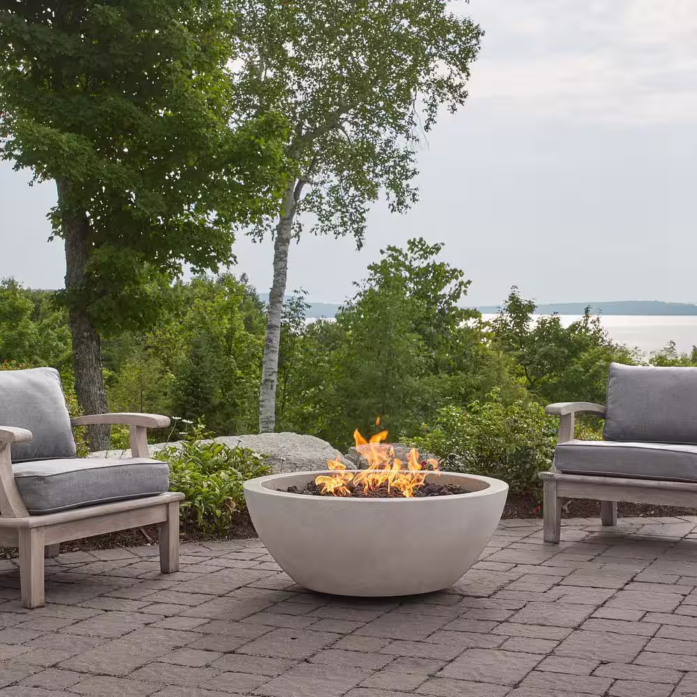 JENSEN CO Pompton 38 in. Round Concrete Composite Propane Fire Pit in Fog with Vinyl Cover