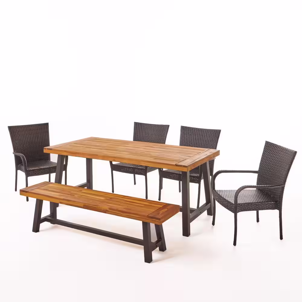 Noble House Elisa 6-Piece Wood and Faux Rattan Outdoor Dining Set with Stacking Chairs and Bench