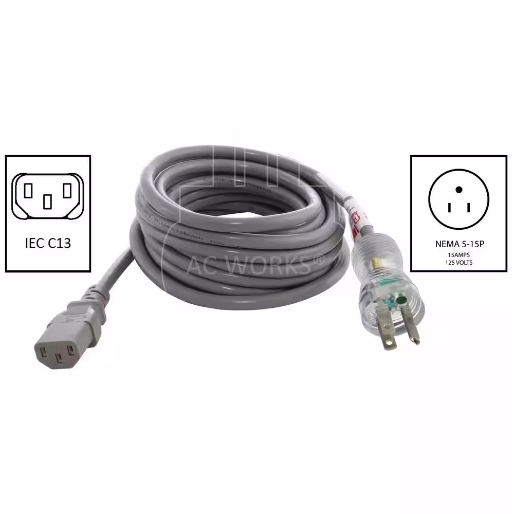 AC WORKS 15 ft. 10 Amp 18/3 Medical Grade Power Cord with C13 Connector