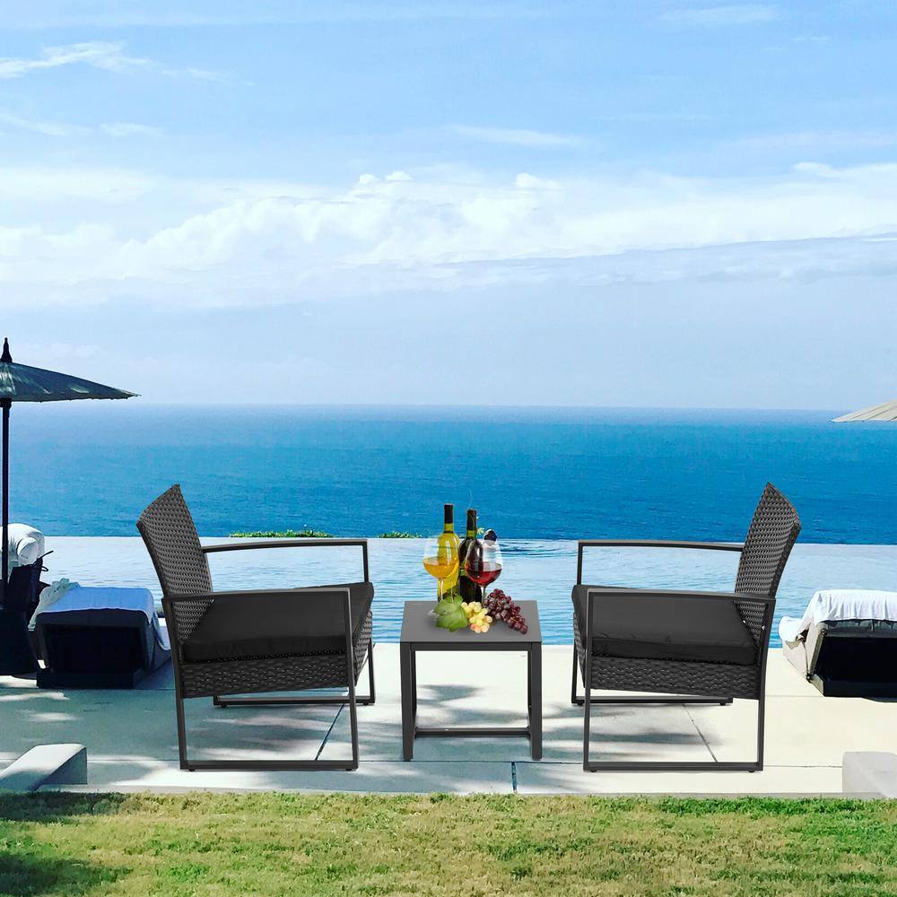 None 3-Pieces Wicker Patio Furniture Sets Modern Set Rattan Chair Conversation with Coffee Table for Yard and Bistro (Black)