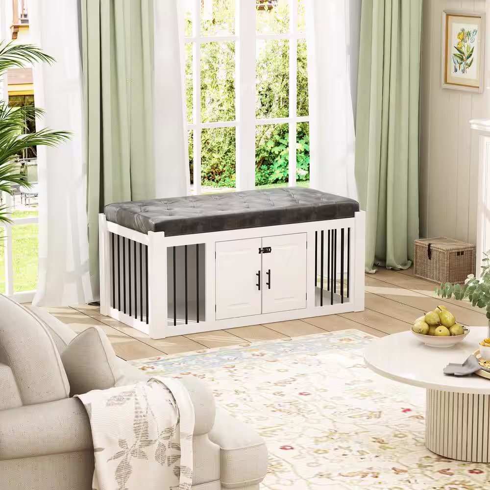 None Large Furniture Style Bed End Bench Dog Crate, Indoor Wooden Dog Pens Entryway Bench for Living Room Bedroom Entryway