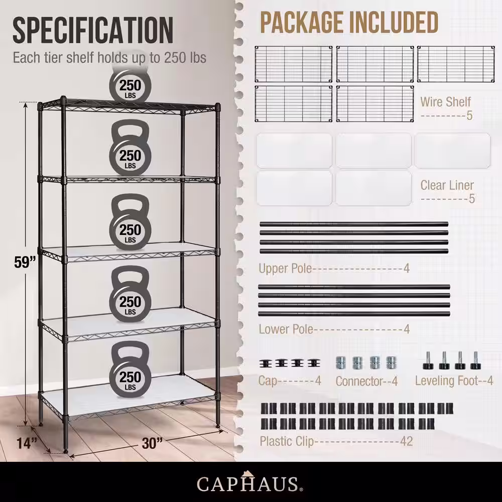 None Black 5-Tier Adjustable Height Welded Steel Garage Storage Unit Shelving with Liner (30 in. W x 59 in. H x 14 in. D)