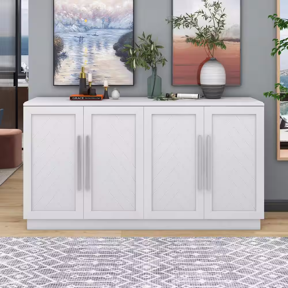 None White Wood 60 in. 4-Doors Sideboard Buffet Cabinet with Adjustable Shelves and Large Storage Space
