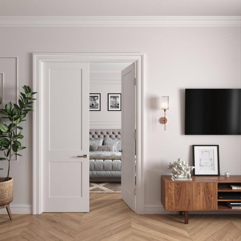 RESO 56 in. x 96 in. Bi-Parting Solid Core Primed White Composite Wood Double Pre-hung interior French Door Satin Nickel