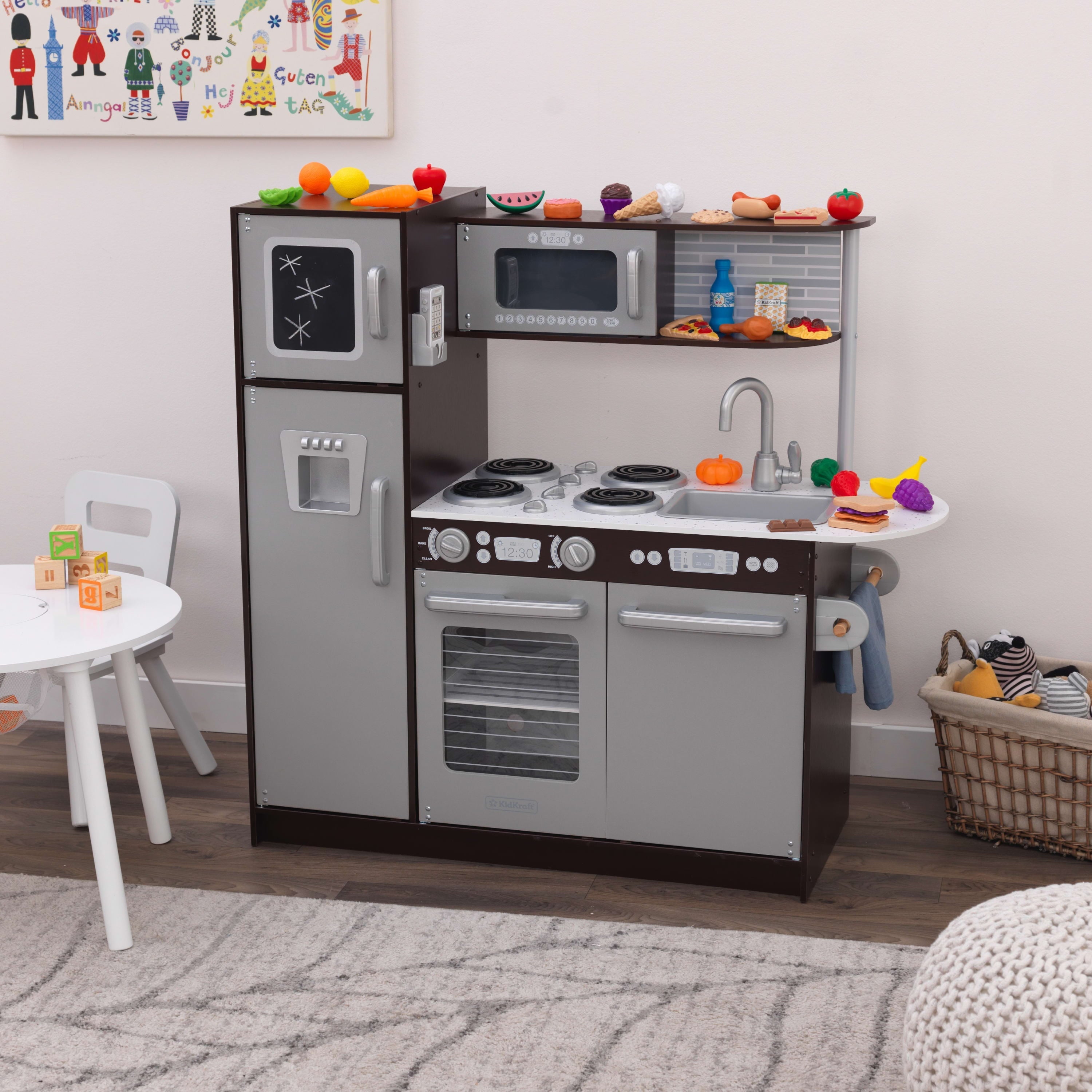 KidKraft Uptown Espresso Wooden Play Kitchen and 30-Piece Play Food Accessories