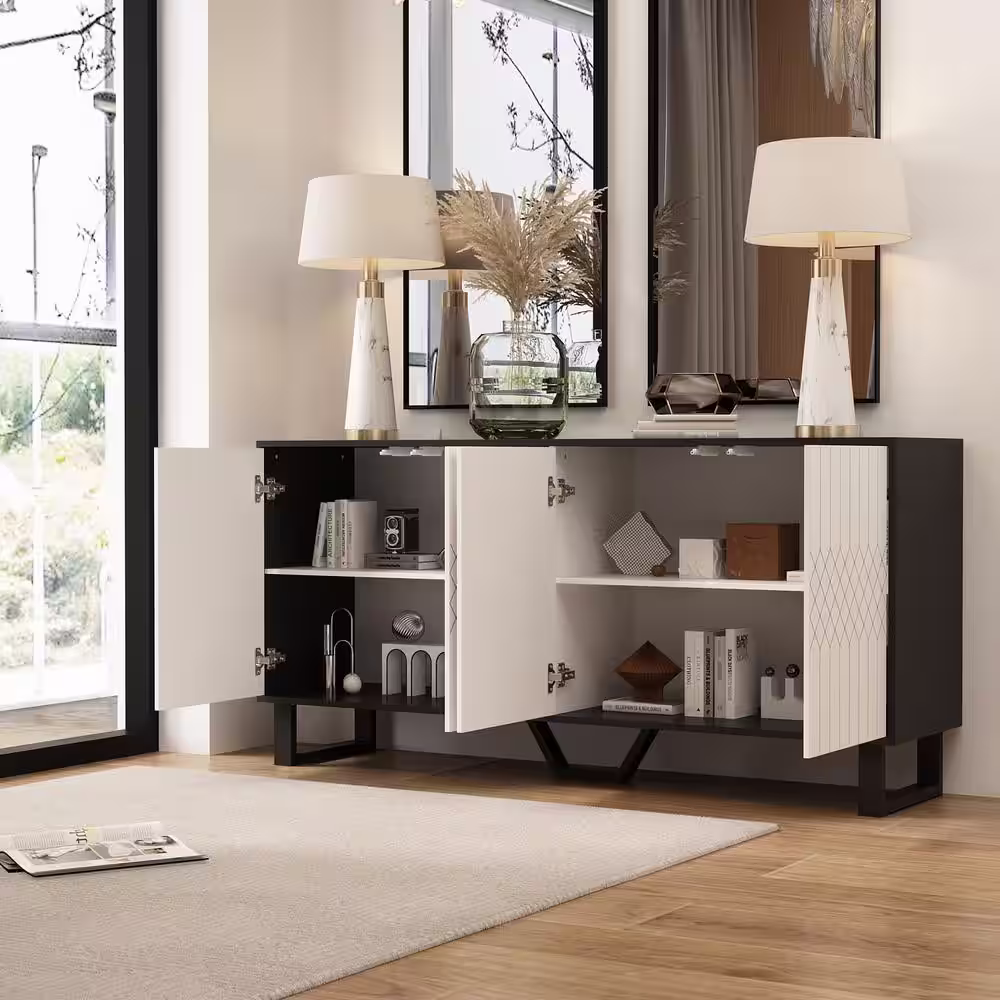 None 63 in. L Rectangle White Wooden Modern Console Table Sideboard With Pop-up Doors & Adjustable Shelves, Entryway Hallway