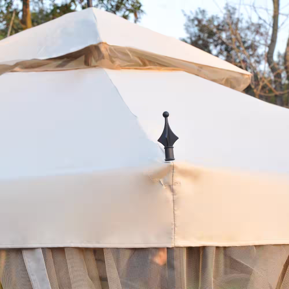 Outsunny 10 ft. x 10 ft. x 9 ft. Steel Outdoor Weather Resistant Garden Gazebo with Mesh Curtain and Dual-Tier Vent Roof, Beige