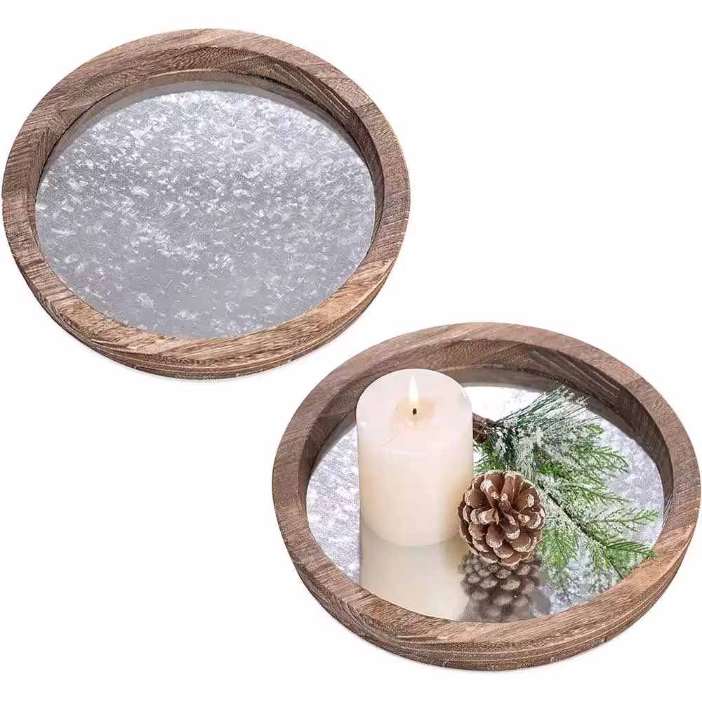 None 11 in. W White Washed Round Wood Decorative Tray Set of 2