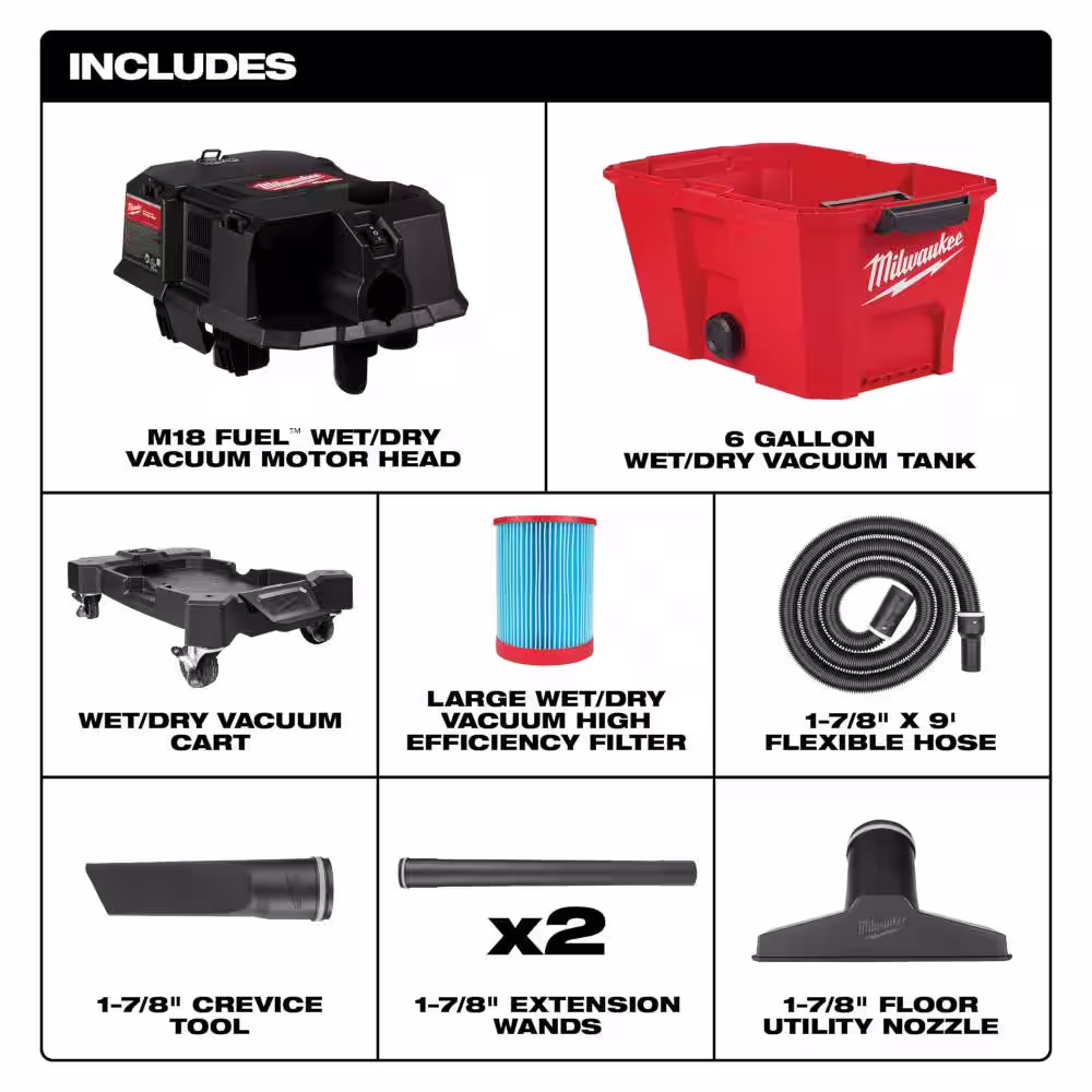 Milwaukee M18 FUEL 6 Gal. Cordless Wet/Dry Shop Vacuum with Filter Hose and Accessories w/M18 High Output 6.0Ah Battery (2-Pack)