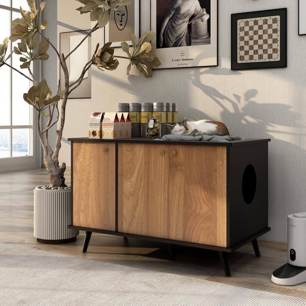 None 39.4 in. W Litter Box Enclosure Cat Litter Box Furniture with Hidden Plug 3 Doors Cat Washroom Storage Bench Side Table
