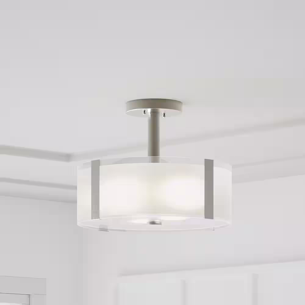 Hampton Bay Bourland 14 in. 3-Light Polished Chrome Semi-Flush Mount Ceiling Light Fixture with White and Clear Glass Double Shade