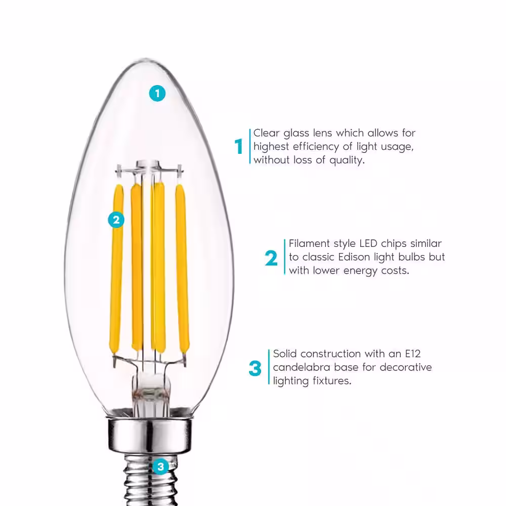 LUXRITE 60-Watt Equivalent B10 Dimmable LED Light Bulbs Clear Glass Filament 2700K Warm White (12-Pack)