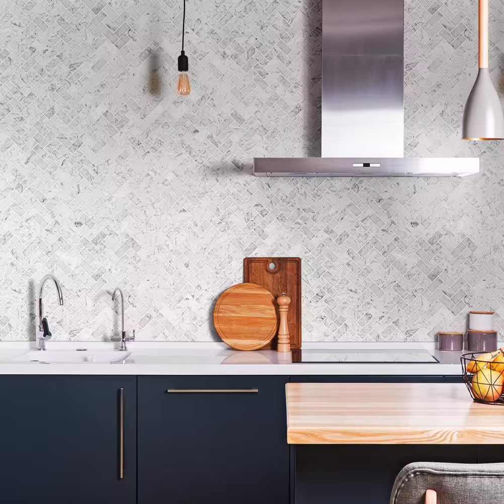 MSI Carrara White Herringbone 11.63 in. x 11.63 in. Honed Marble Mesh-Mounted Mosaic Tile (9.4 sq. ft./Case)