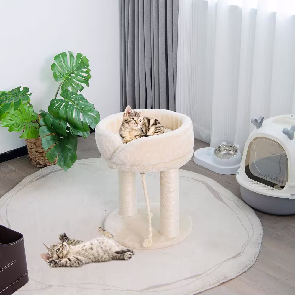 ANGELES HOME Beige Wood Cat Climbing Tree with Plush Perchs and Scratching Post