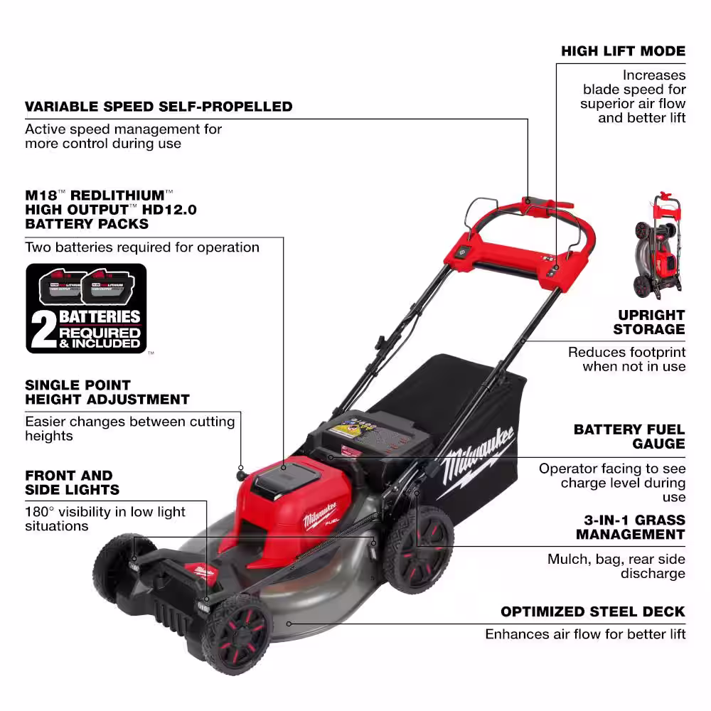 Milwaukee M18 FUEL Brushless Cordless 21 in. Walk Behind Dual Battery Self-Propelled Mower w/(2)12Ah Batteries & Replacement Blade
