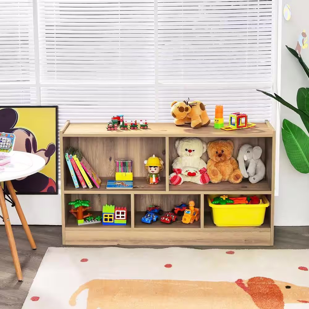 Costway 24 in. Brown Wooden 5 Shelf Children Storage Cabinet Bookcase Toy Storage Kids Rooms Classroom