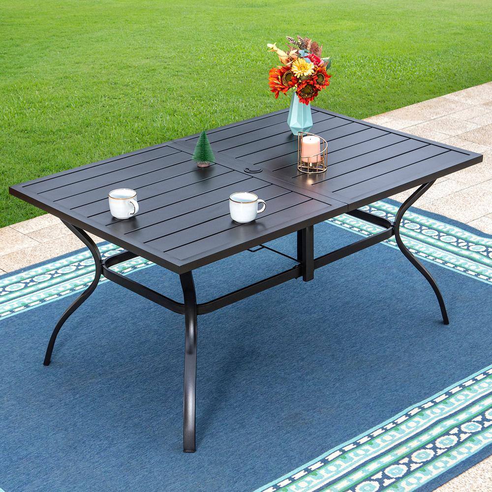 None Black 7-Piece Metal Patio Outdoor Dining Set with Slat Rectangle Table and Textilene C-Spring Chairs