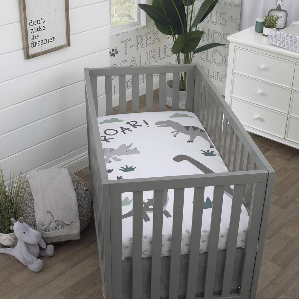 NoJo Baby-Saurus Photo Op ROAR White, Gray, and Green Dinosaur with Clouds Nursery Fitted Crib Sheet