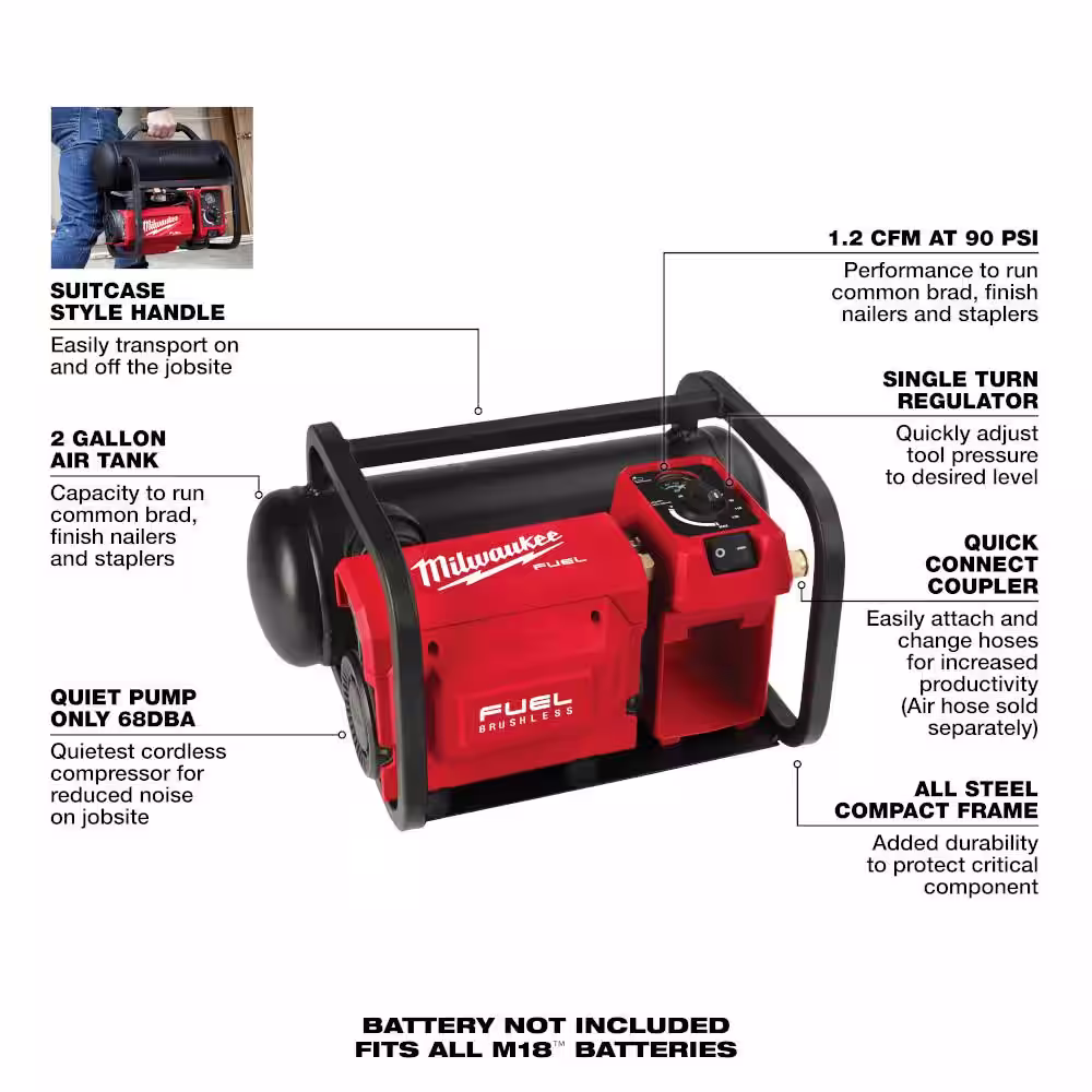 Milwaukee M18 FUEL 18-Volt Lithium-Ion Brushless Cordless 2 Gal. Electric Compact Quiet Compressor (2-Tool)
