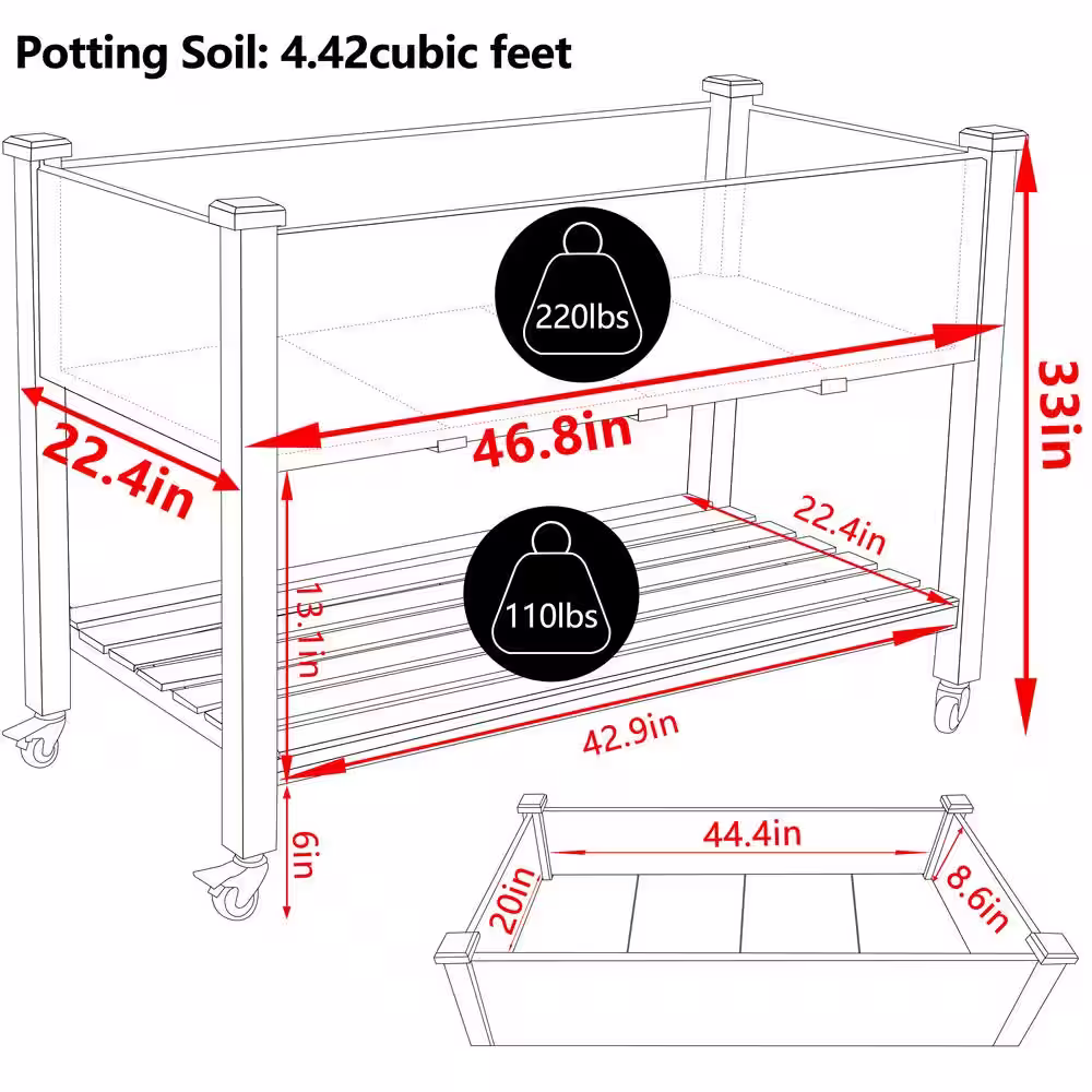 VEIKOUS 47 in. x 23 in. x 33 in. Brown Wooden Raised Garden Bed with Lockable Wheels and Liner