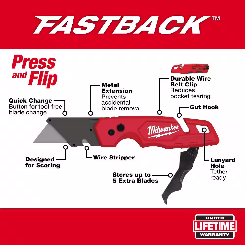 Milwaukee FASTBACK 1 .25 in. Utility Folding Knife with General Purpose Utility Blade Set (75-Pack)