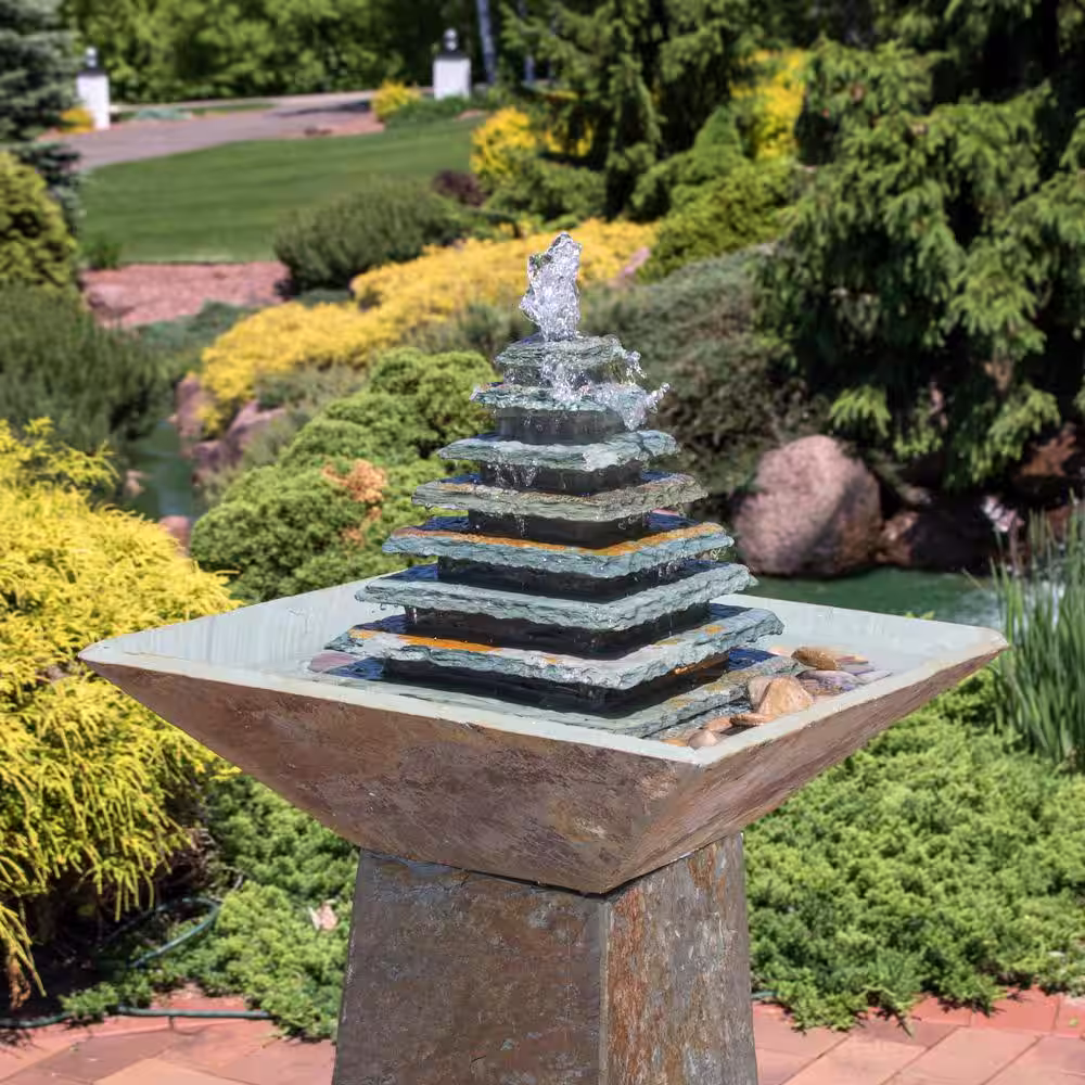 Sunnydaze Decor 40 in. Layered Slate Pyramid Outdoor Cascading Water Fountain with LED Light