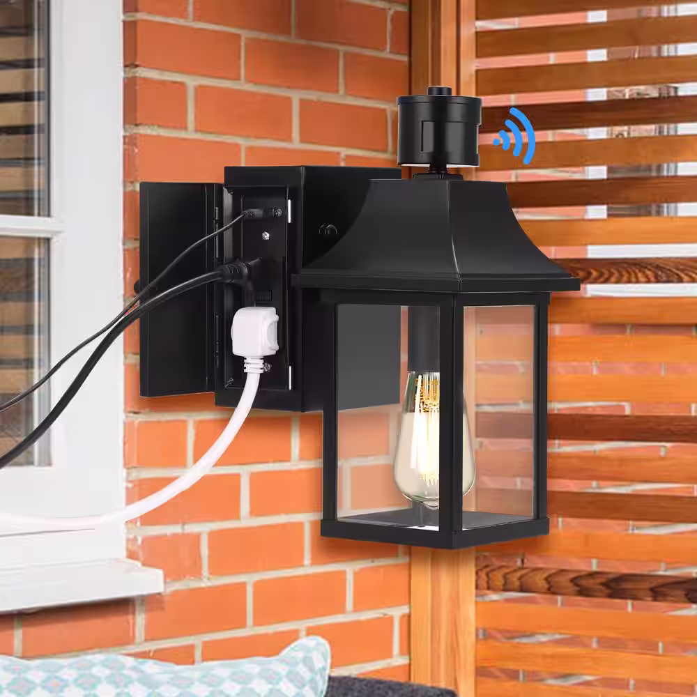 YANSUN 1-Light Black Dusk to Dawn Motion Sensor Outdoor Wall Lantern Sconce with Clear Glass and Built-In GFCI and USB Outlets