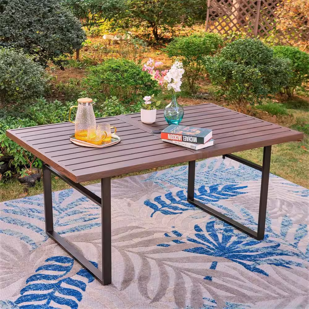 None Black 7-Piece Metal Patio Outdoor Dining Set with U Shaped Rectangle Table and Textilene Swivel Chairs