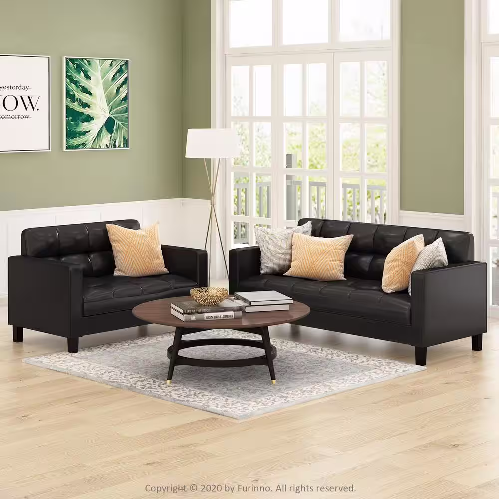 Furinno Brive 54.1 in. Black Tufted Faux Leather 2-Seater Loveseat with Square Arms