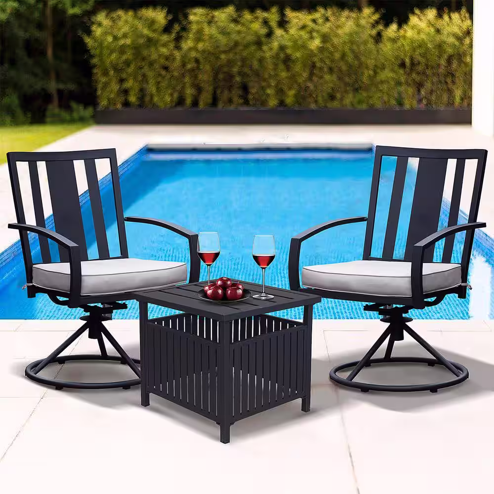 Anvil 3-Piece Metal Outdoor Bistro Set, Swivel Chairs Set of 2 with Side Table and Gray Cushions, Front Porch Furniture Set