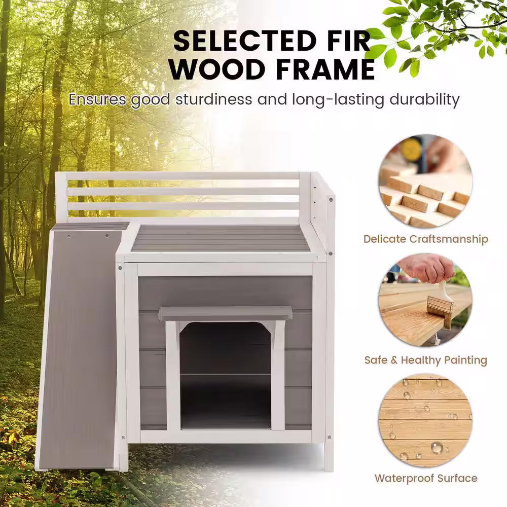 ANGELES HOME Outdoor White and Gray Wooden 2-Lever Cat House with Escape Door, Waterproof Roof, Slide