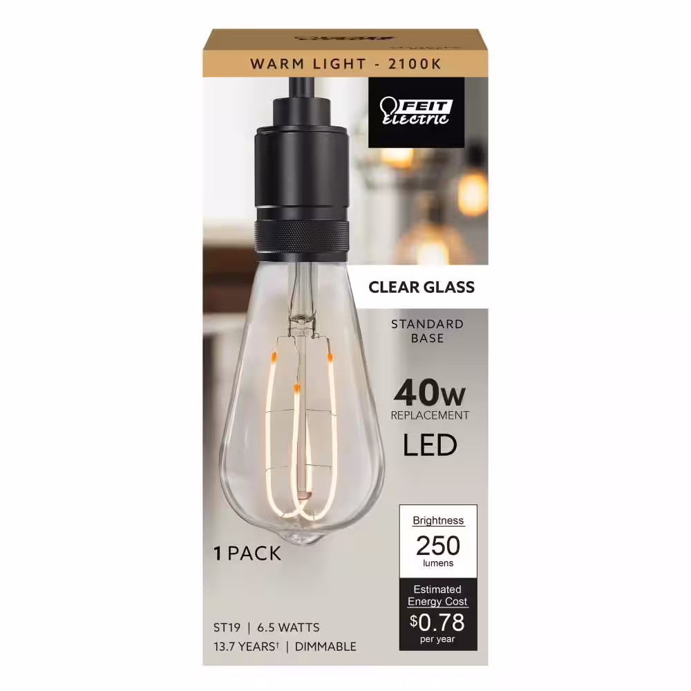 Feit Electric 40-Watt Equivalent ST19 Dimmable M-Shape Filament Clear Glass E26 Vintage Edison LED Light Bulb, Warm White 2100K