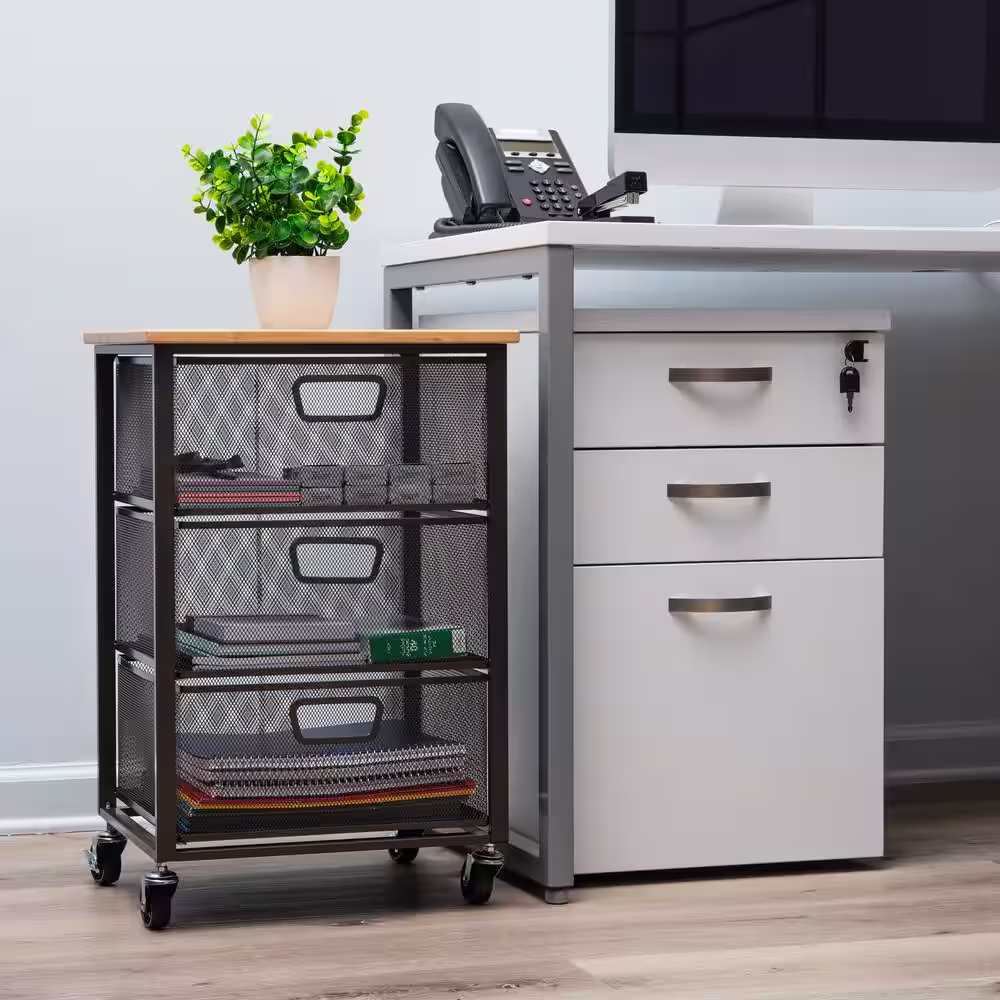 Mind Reader Network Collection Rolling Storage Cart 3 Removable Drawers Desk and Bathroom Organizer, Metal, 15.75