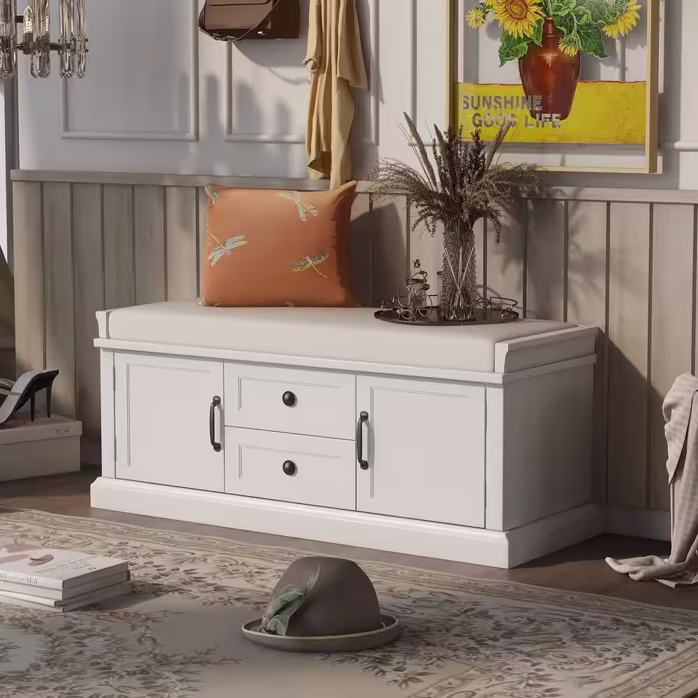 LUCKY ONE Deel18 in. H x 16in. W White Wood Rectangle Shoe Storage Bench with 2 drawersï¼? cabinet and Removable Cushion