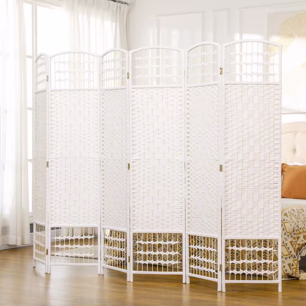 HOMCOM 6-Panel Room Divider, 5.6 ft. Tall Folding Privacy Screen, Wave Fiber Freestanding Partition Wall Divider, White