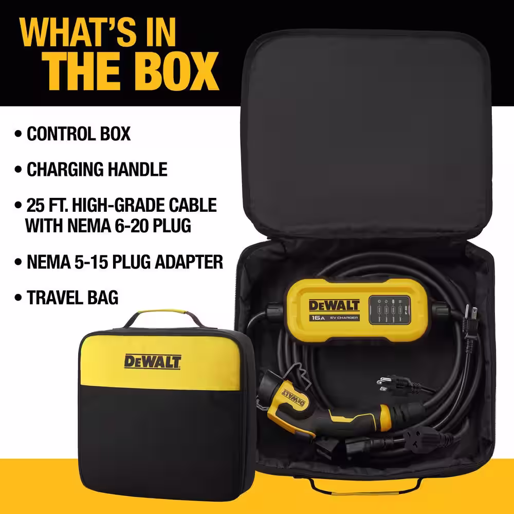 DEWALT 25 ft. cord, 16 Amp, 120-Volt/240-Volt AC 3.84 Kw, Weatherproof Level 2, Heavy-Duty Portable Electric Vehicle Charger