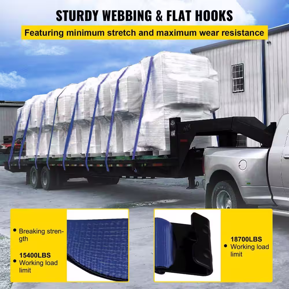 VEVOR Truck Straps 4 in. x 30 ft. Winch Straps 15,400 lbs. with Flat Hook for Trucks, Trailers Farms Rescues in Blue (10-Pack)