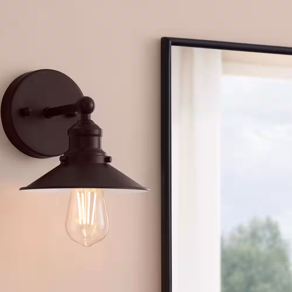 Hampton Bay Glenhurst 1-Light Bronze Industrial Farmhouse Indoor Wall Sconce Light Fixture with Metal Shade