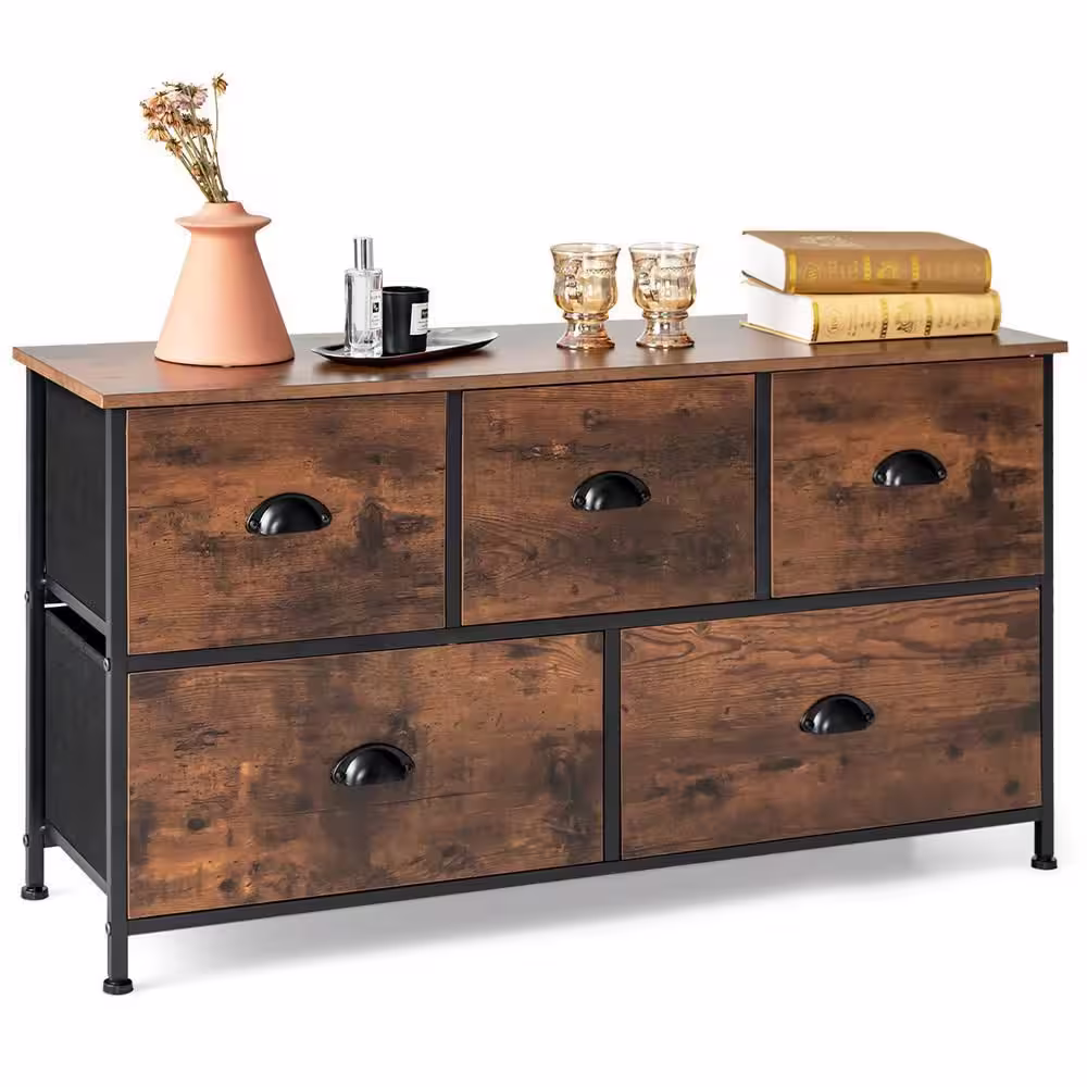 Costway 39.5 in. x 21.5 in. Brown Pull-Out MDF of 5 drawers Drawer Dresser Chest Organizer