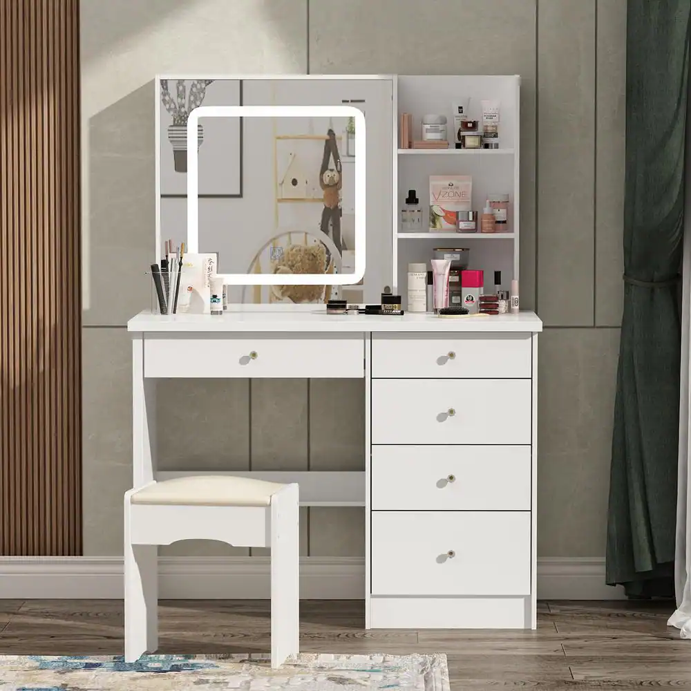 FUFU&GAGA 5-Drawers White Makeup Vanity Sets Dressing Table Sets with LED Dimmable Mirror, Stool and 3-Tier Storage Shelves