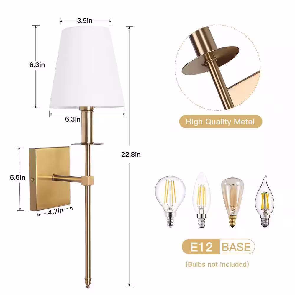 None 1-Light Modern Gold Wall Sconce with White Fabric Shade(2-Pack)