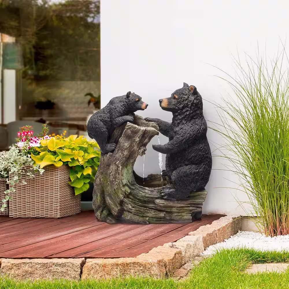 Alpine Corporation 26 in. Tall Bear and Cub with Tree Fountain Yard Statue Decoration