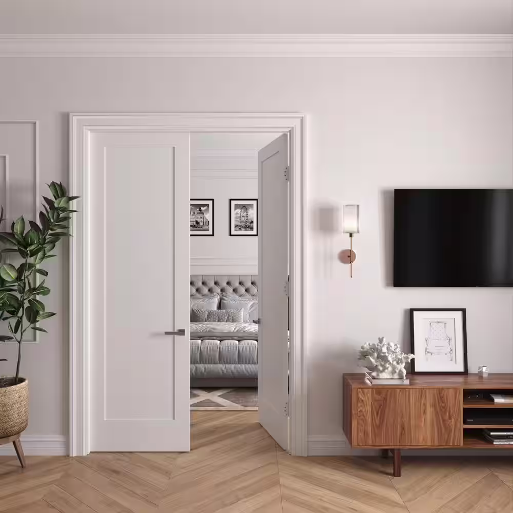 RESO 68 In. x 96 In.Bi-Parting Solid Core Primed White Composite Double Pre-hung French Door Catch Ball Oil Bronze Hinges