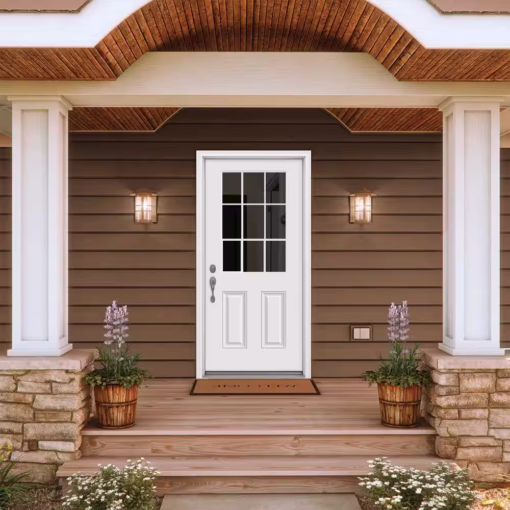 JELD-WEN 36 in. x 80 in. 9 Lite Primed Fiberglass Prehung Front Door with Brickmould